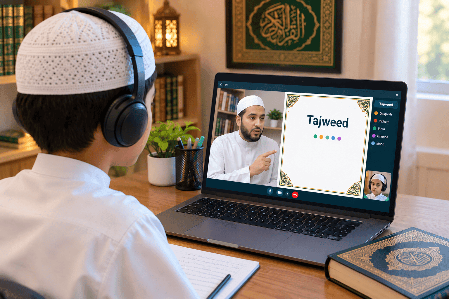 Child wearing headphones attending a live online Tajweed class, with a teacher on the laptop screen and a Quran on the desk.